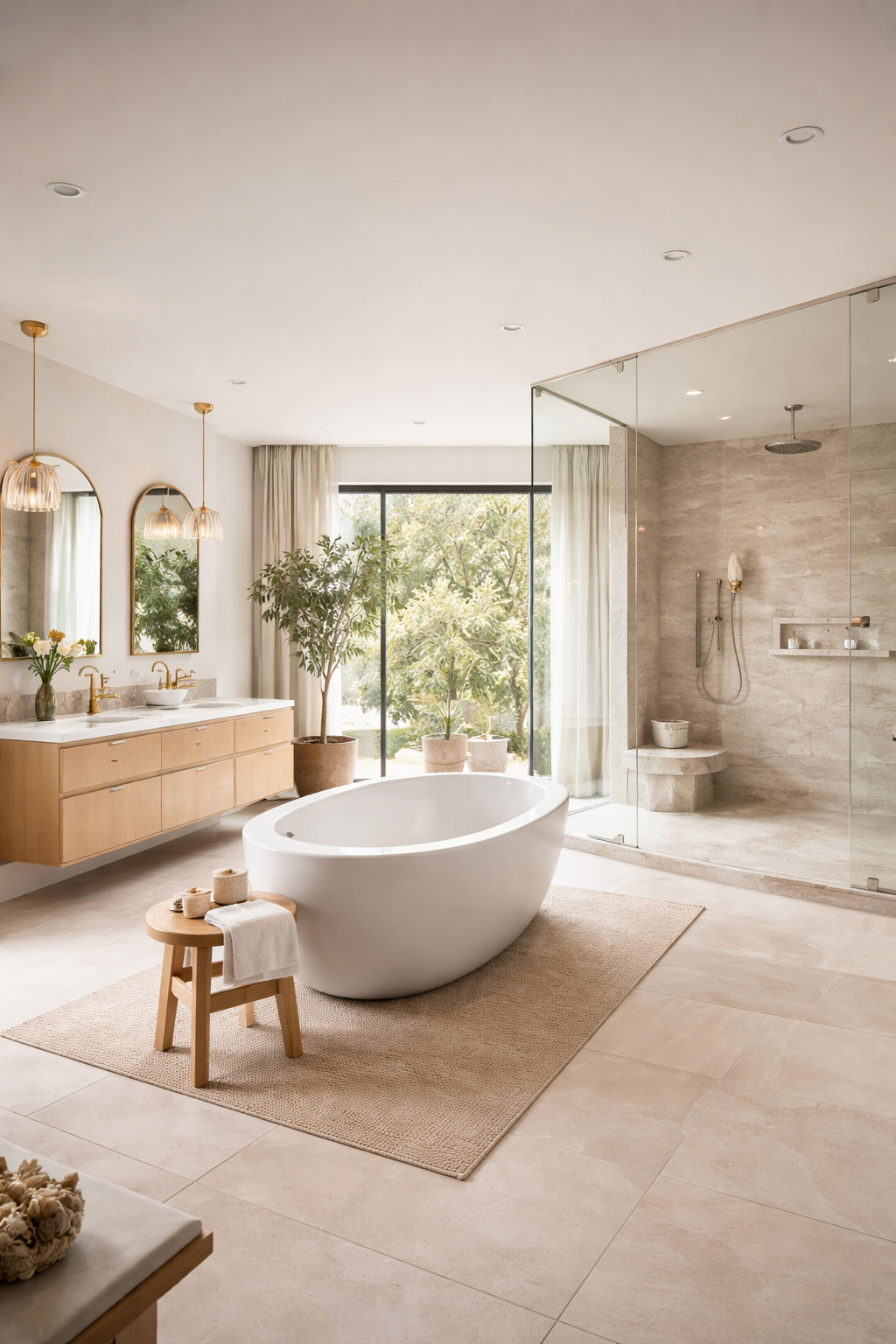 create spacious open plan bathroom