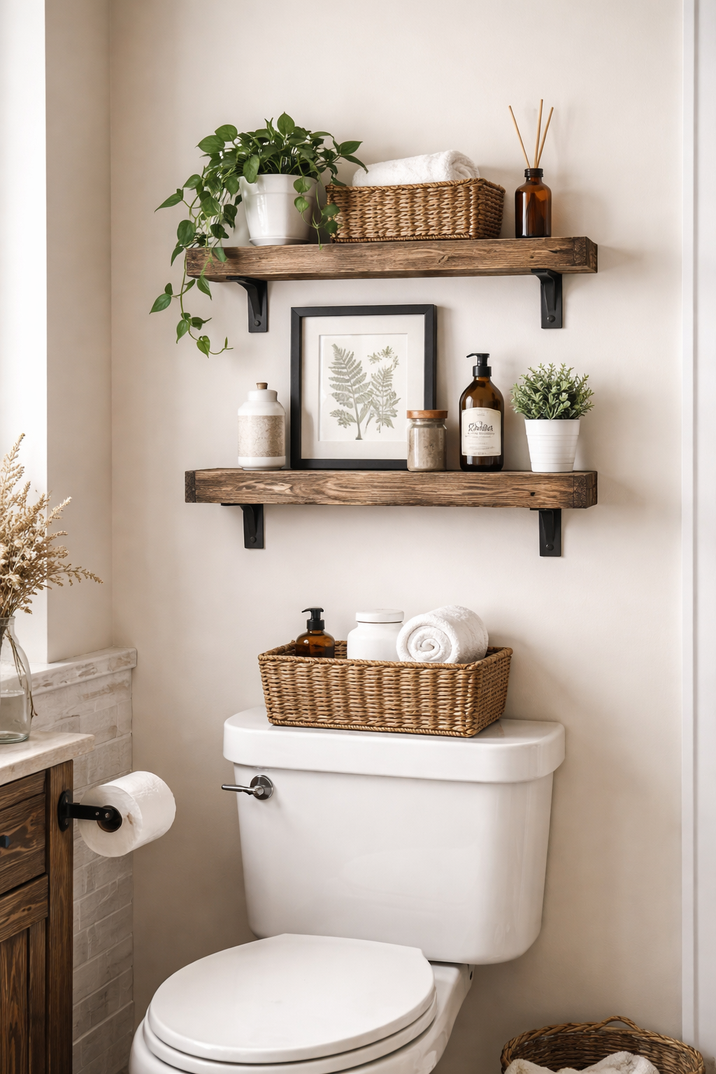 25 Gorgeous Above Toilet Decor Ideas You’ll Want to Steal 13 diy rustic wooden shelves