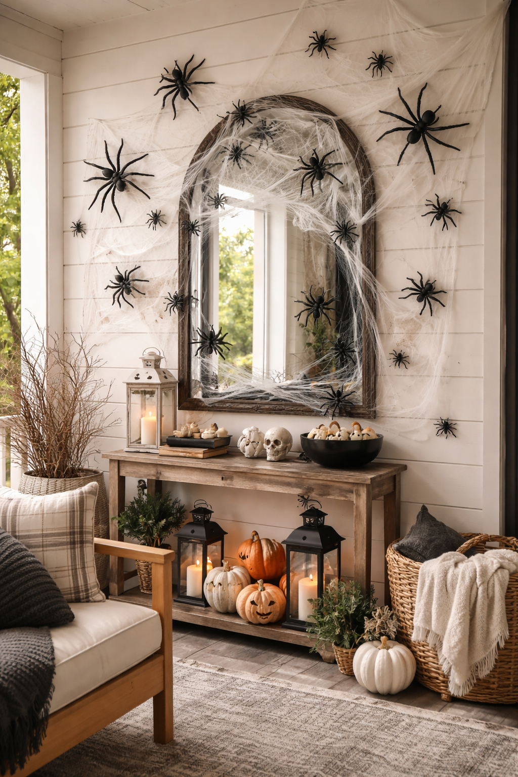 Spiders all over wall and outdoor mirror