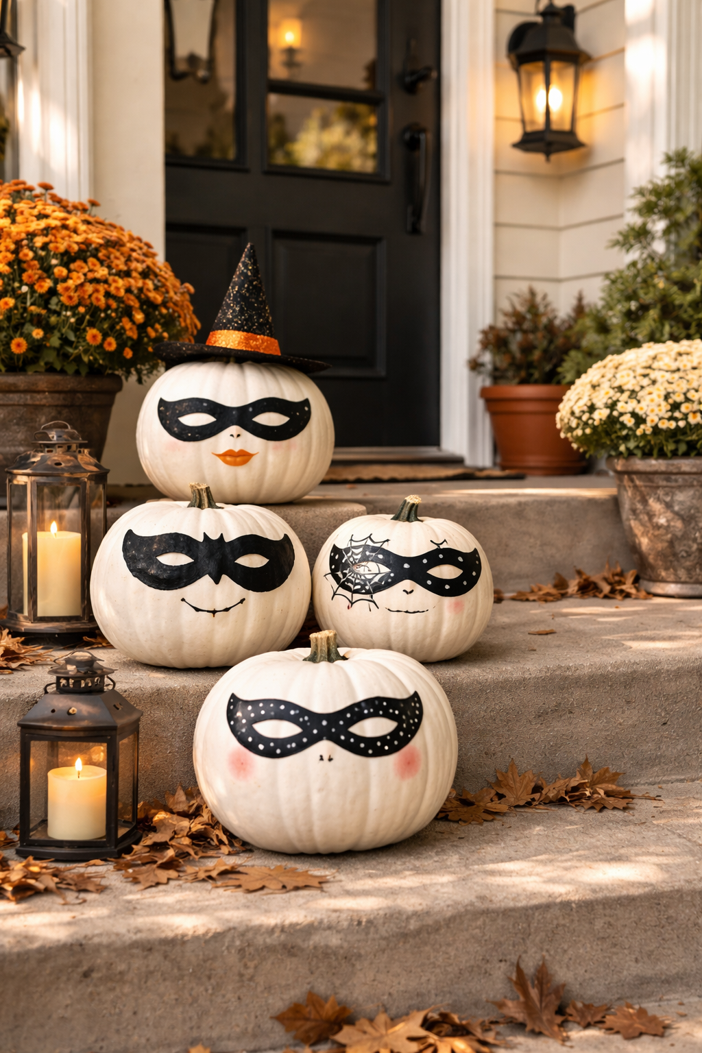 Painted white pumpkins on front porch steps