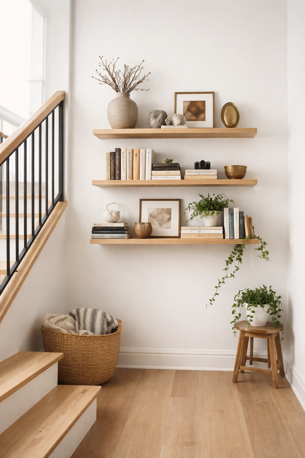 How to Style a Staircase Wall: 26 Inspiring Decor Ideas 14 curated staircase display shelf