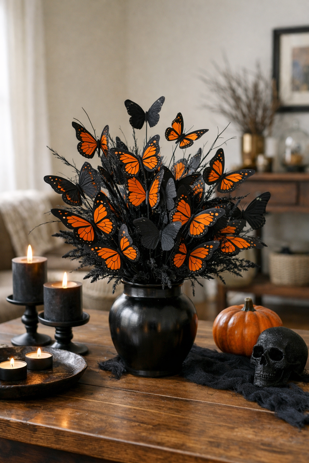 black and orange Halloween centerpiece
