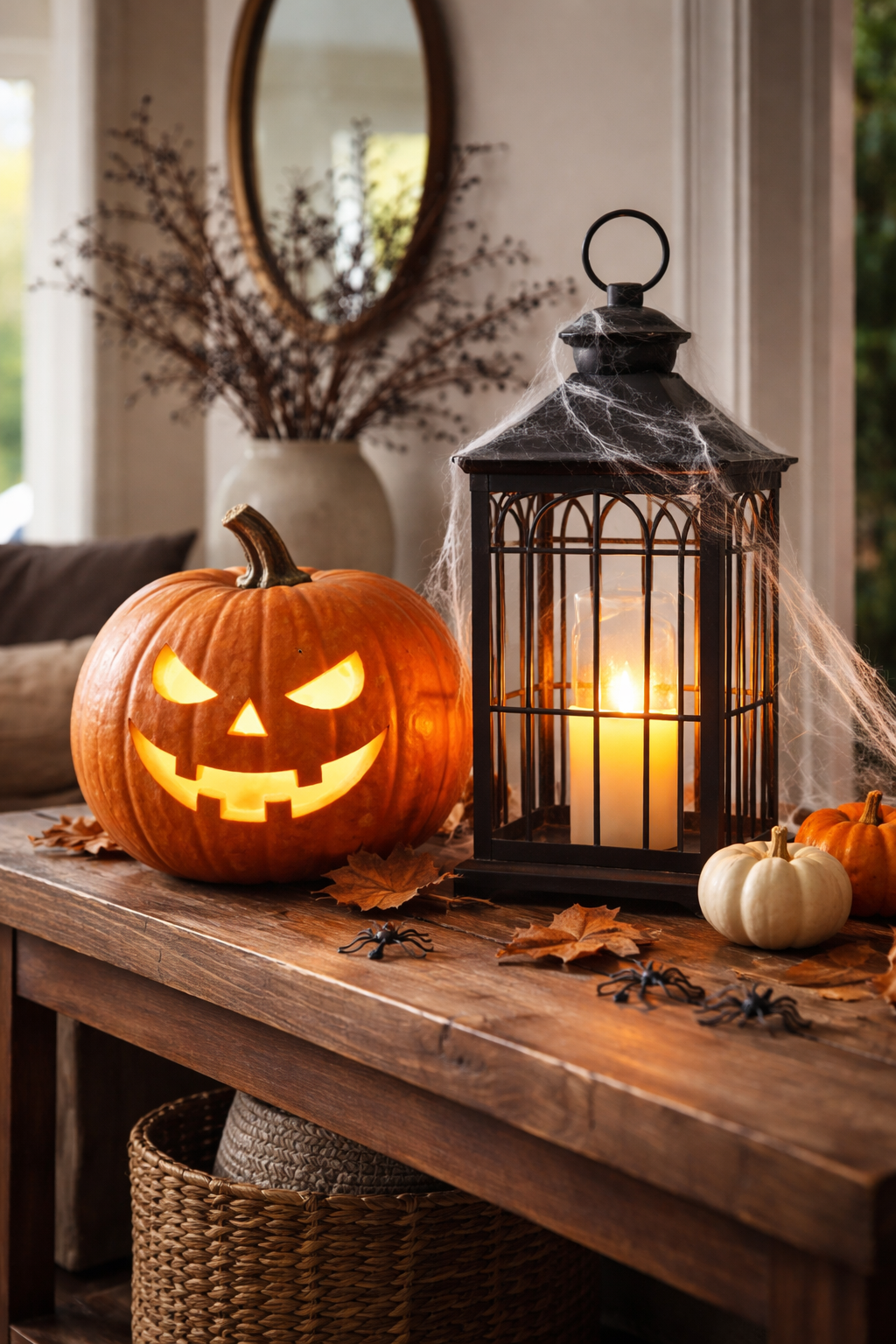 Black cage lantern and pumpkin