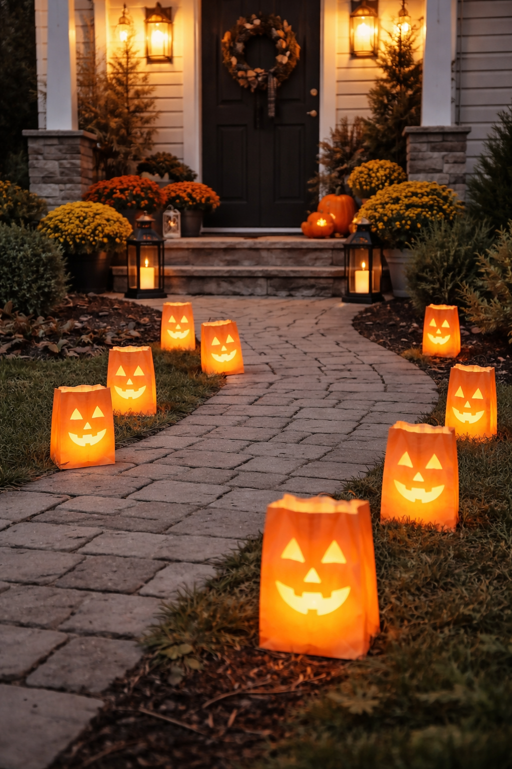 Jack O'Lantern orange bags lighting up a walkway