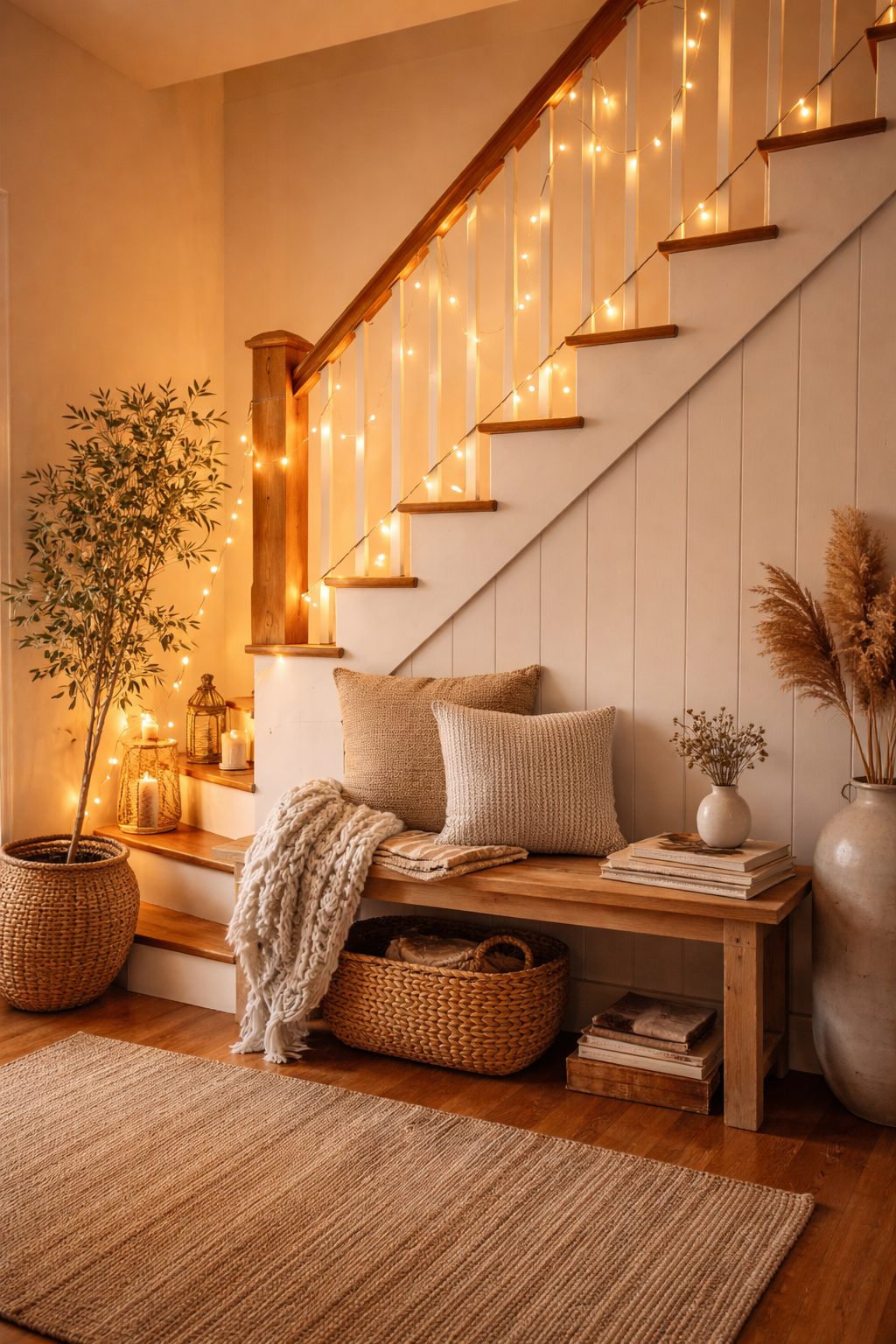How to Style a Staircase Wall: 26 Inspiring Decor Ideas 15 cozy warm light ambiance