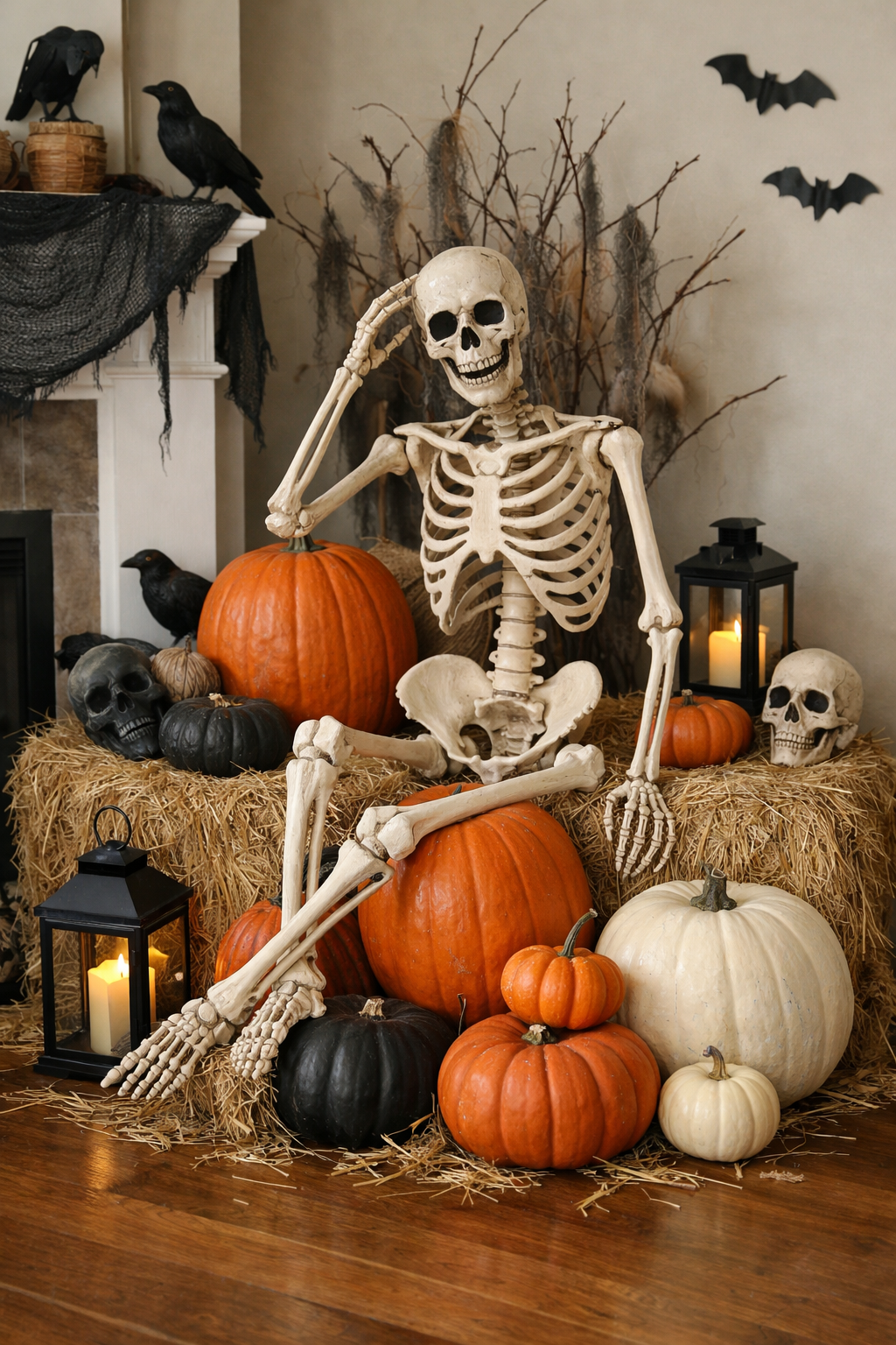 Skeleton sitting on pumpkins and hay bales
