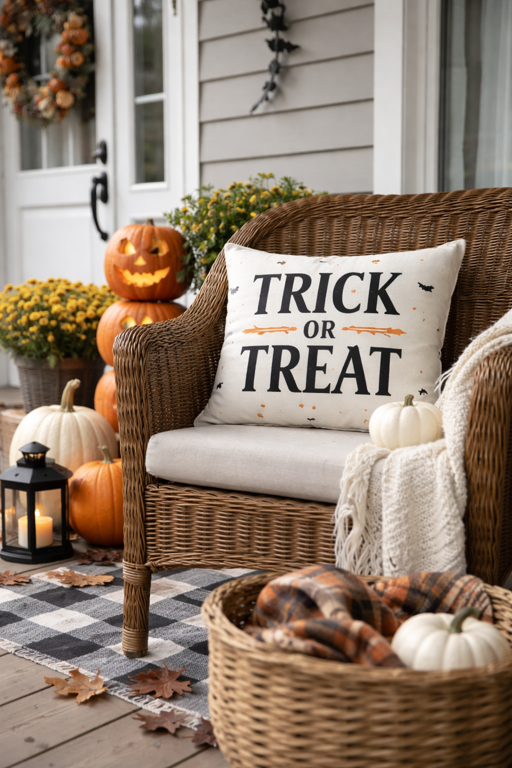 Trick or treat pillow on a wicker chair on a front porch