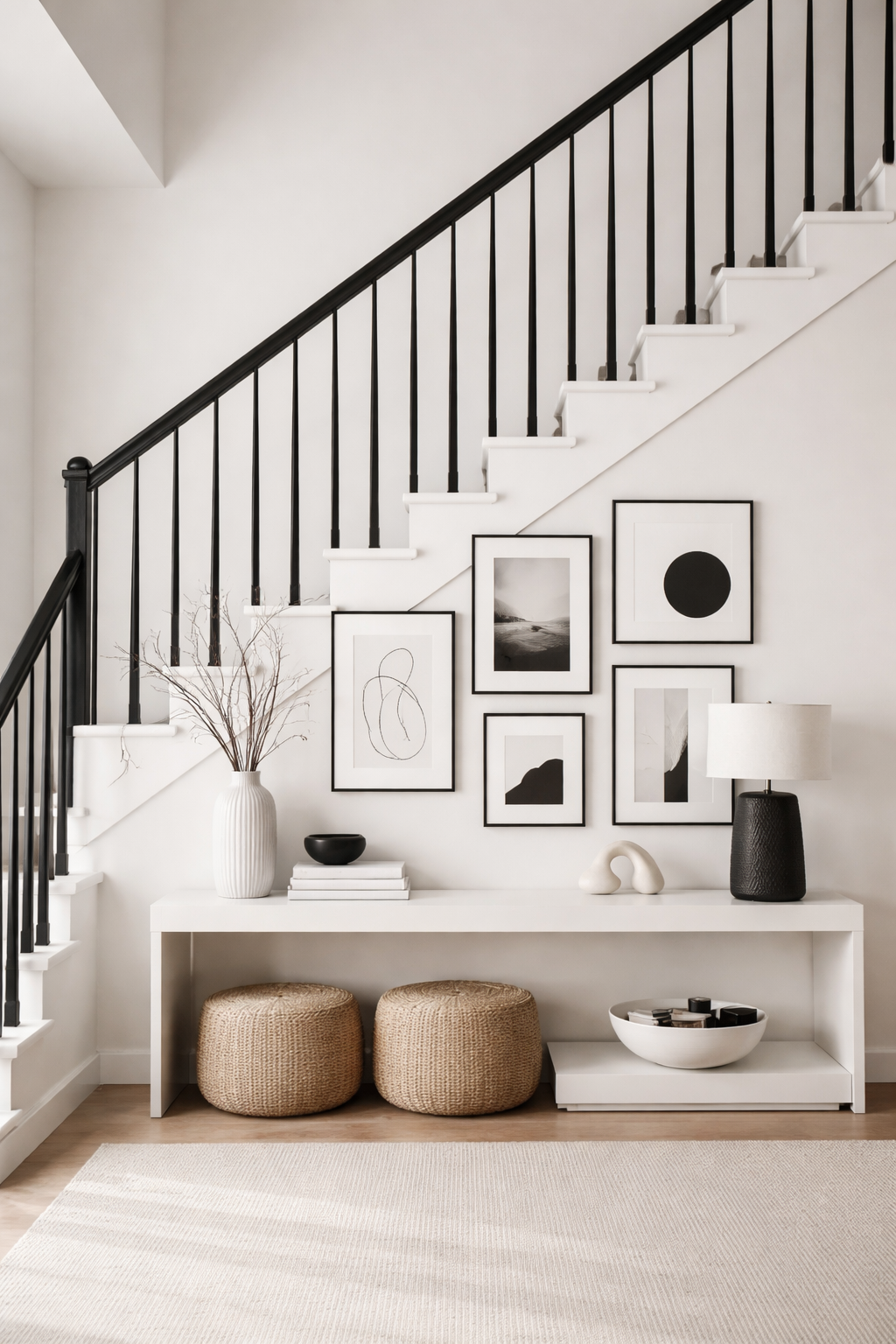 How to Style a Staircase Wall: 26 Inspiring Decor Ideas 16 elegant monochrome minimalist decor