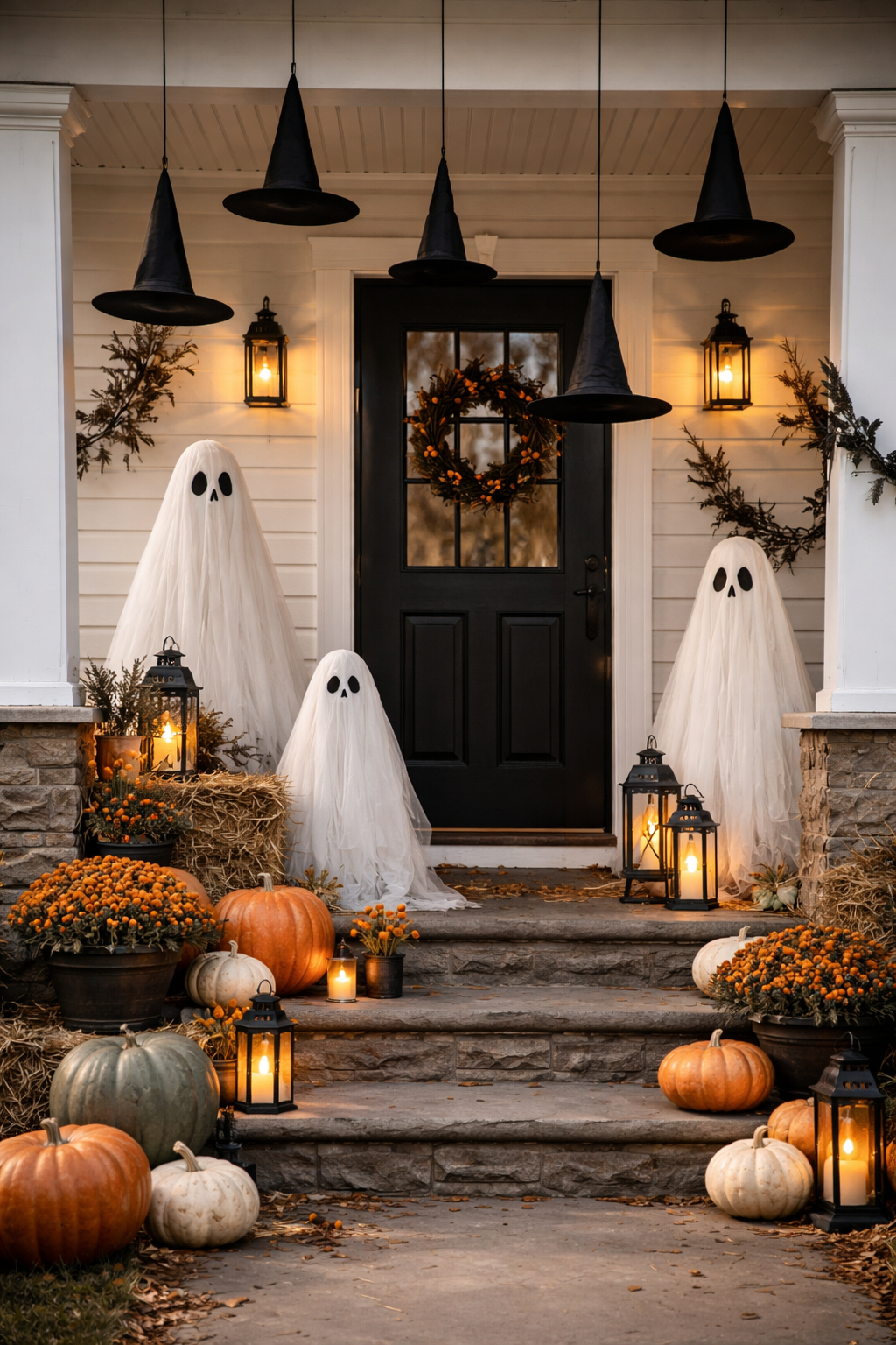 Halloween porch with ghosts and witches hats