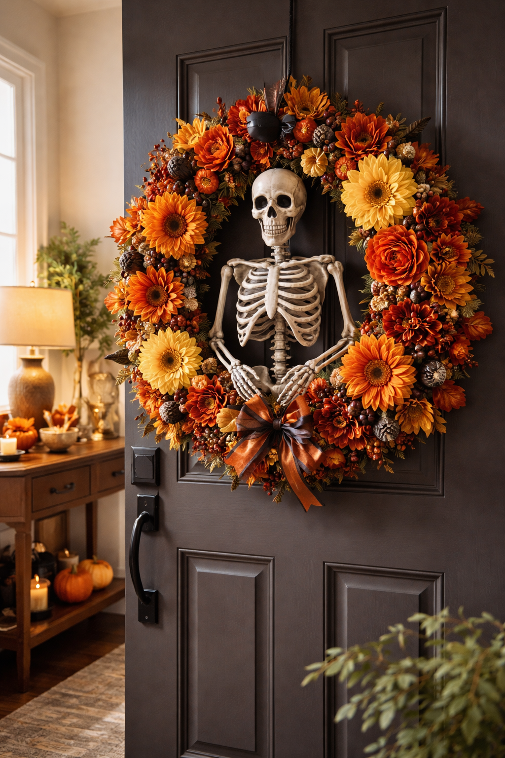 Orange and yellow flower wreath with skeleton in the middle