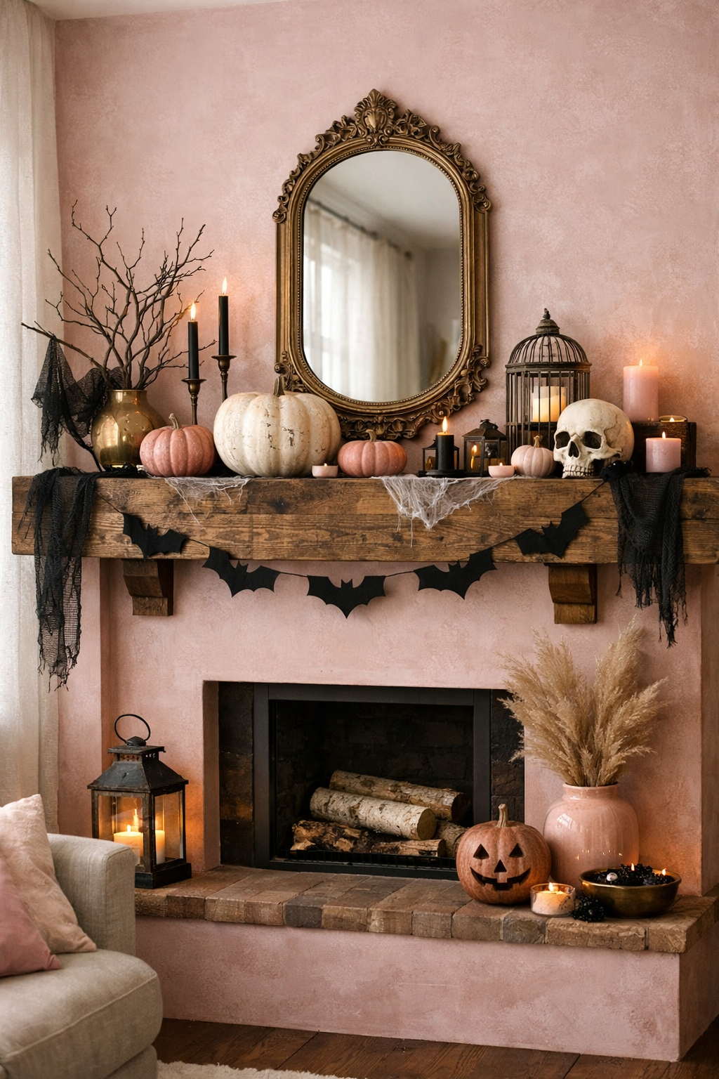 halloween mantel ideas wood faded pink
