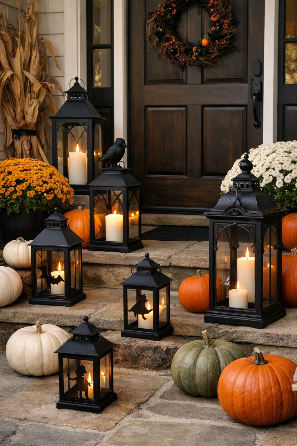 Front porch decorated with black lanterns, mums and pumpkins