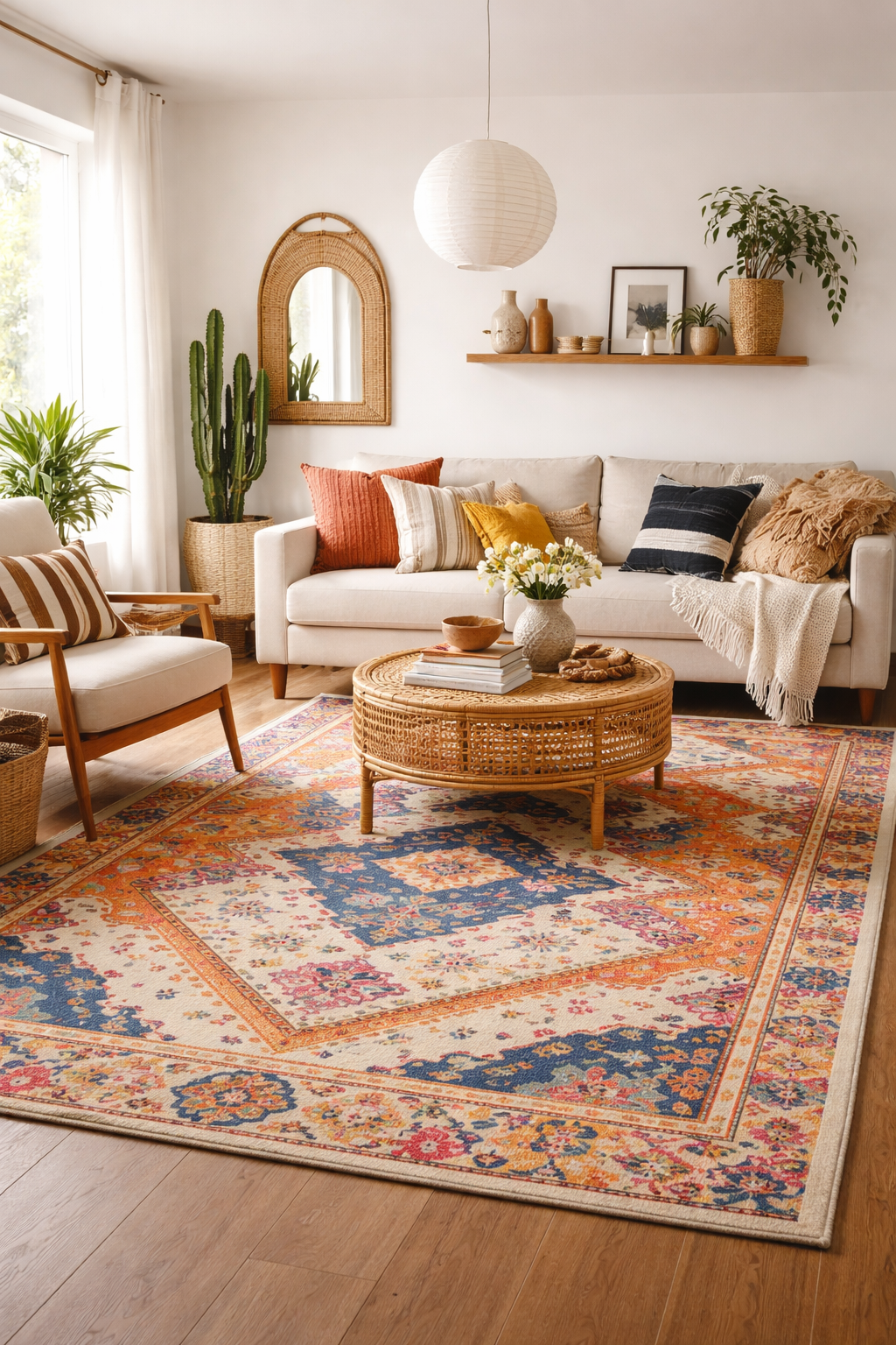 22 Modern Boho Living Room Ideas You'll Absolutely Love 18 vibrant patterned rug focal