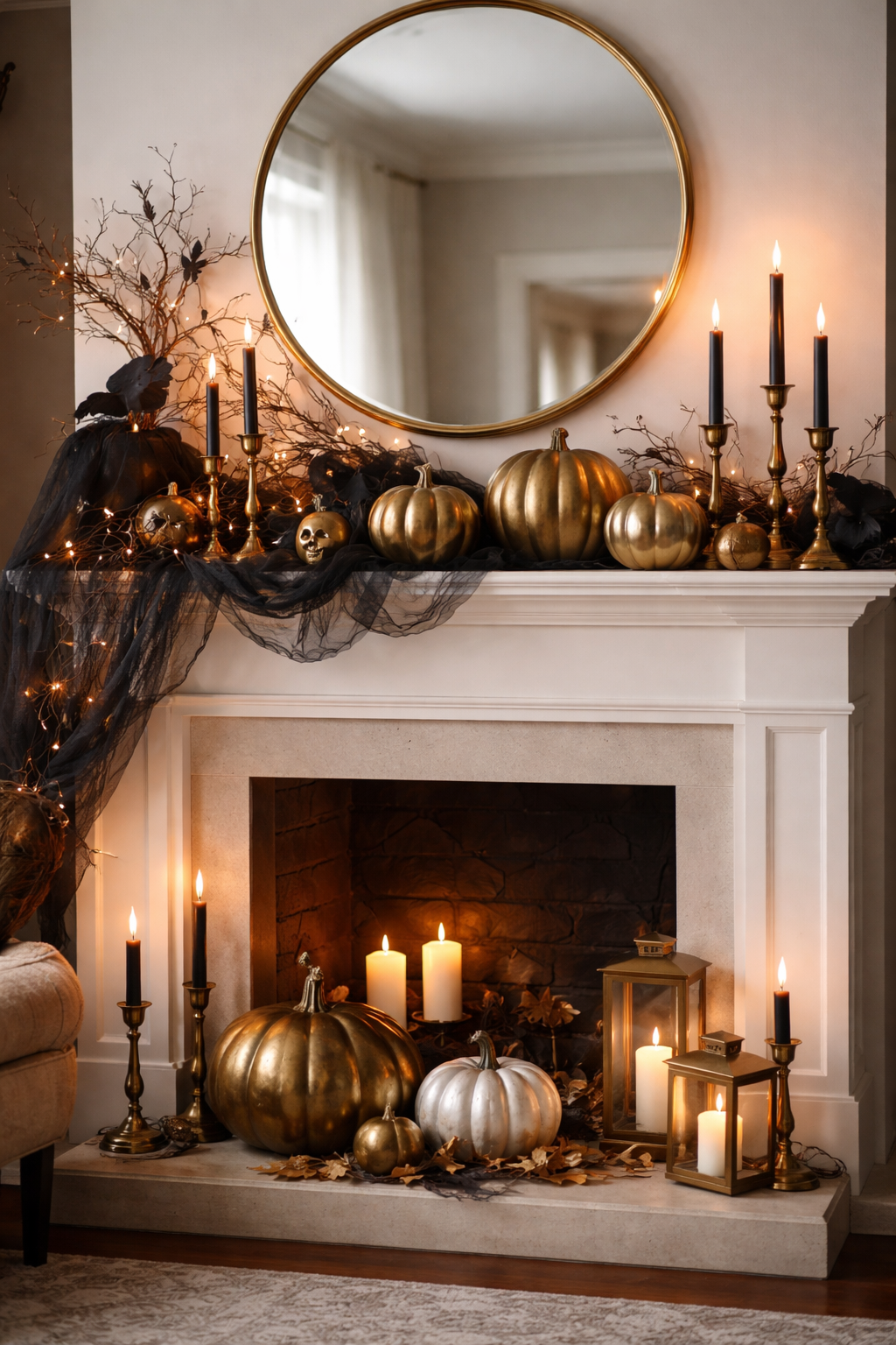 halloween mantel ideas brass pumpkins