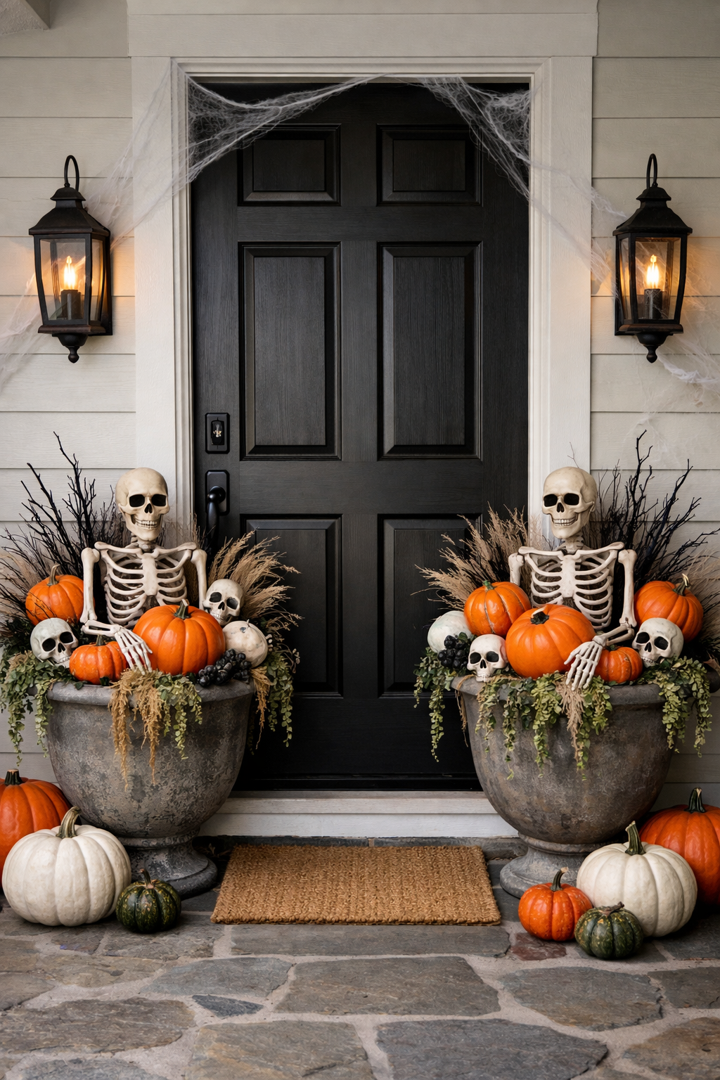 Front door with Halloween decorated planters on either side
