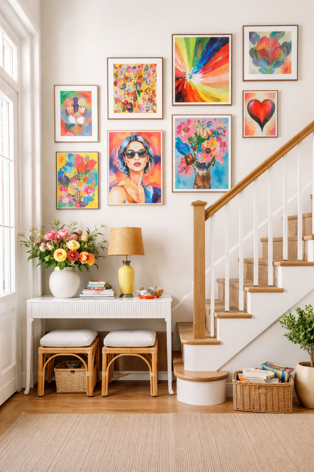 How to Style a Staircase Wall: 26 Inspiring Decor Ideas 19 colorful energetic art display