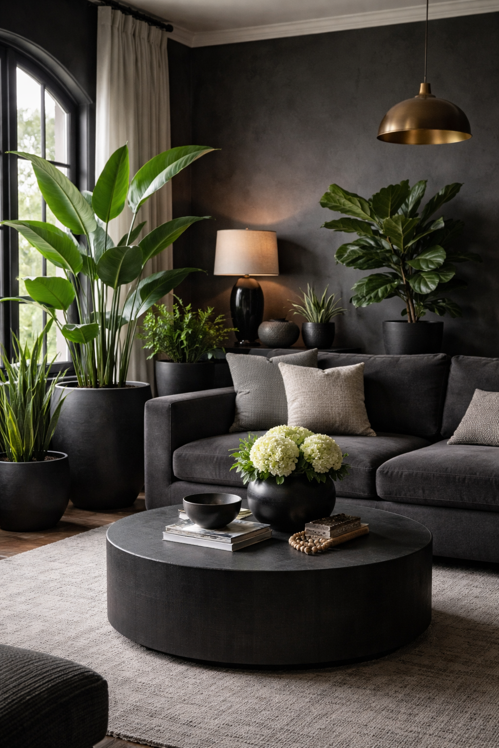 dark planters lush greenery