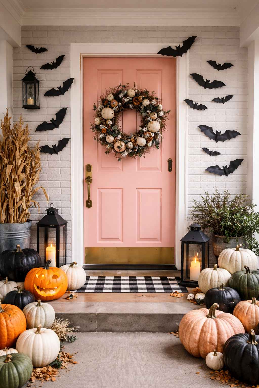 Pink door with pumpkin wreath and bats