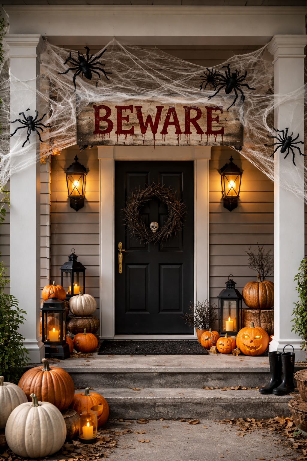 Halloween porch with spiders