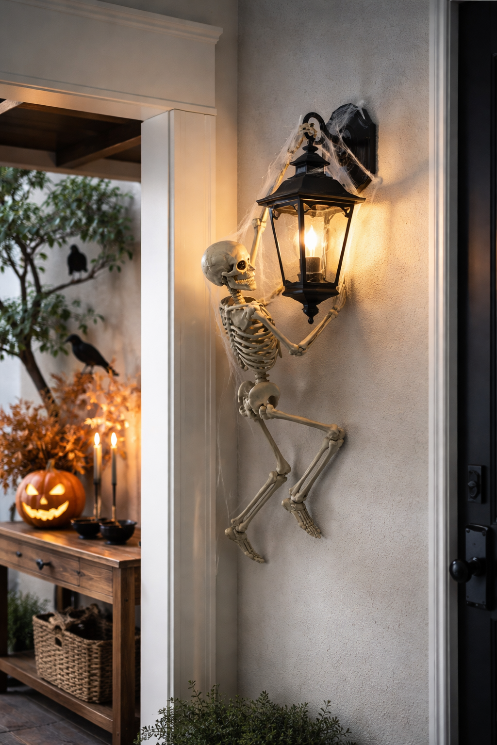 Small skeleton hanging off an outdoor lantern
