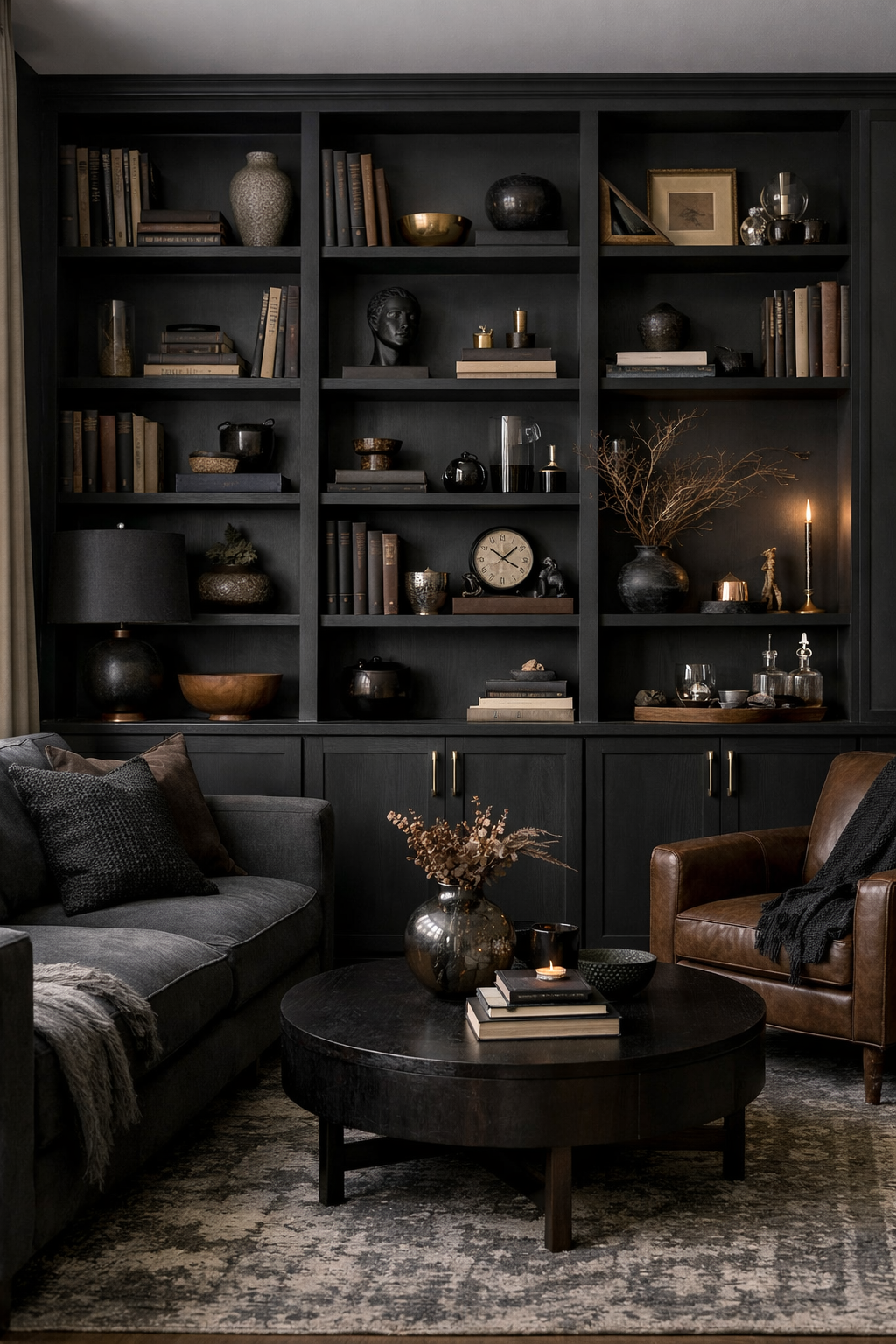 dark shelving enhances moody elegance