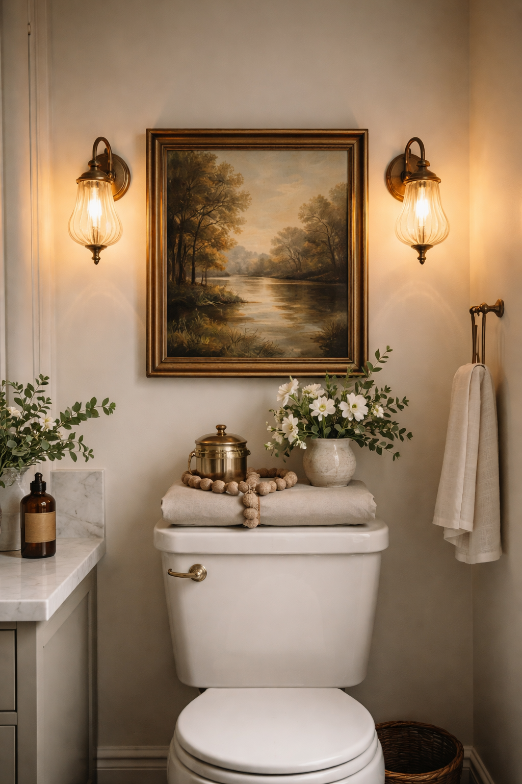 25 Gorgeous Above Toilet Decor Ideas You’ll Want to Steal 20 vintage glow enhances art