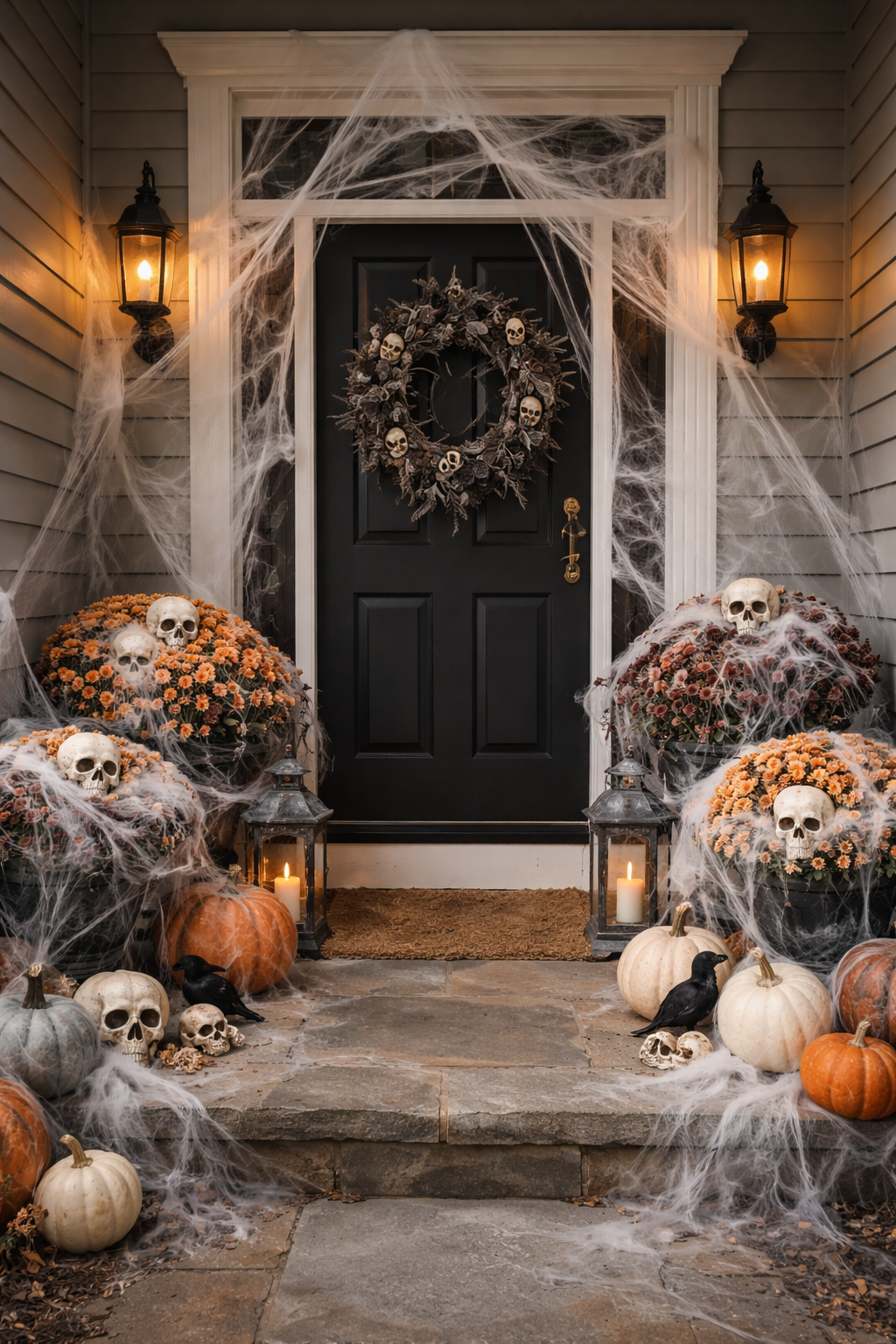 Front door decorated with cobwebs on mums, sculls and wreaths